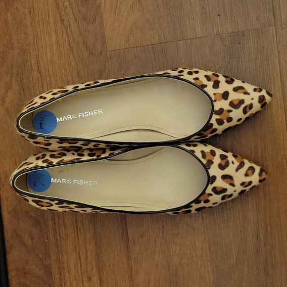 Marc Fisher brown tan leather real cow fur animal print Chunky heel sz 7.5 NEW…
